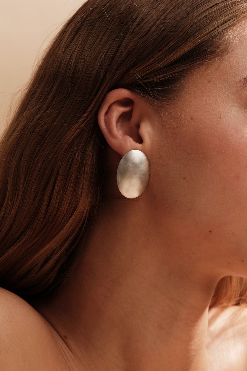 LUNAR 01 MATT SILVER OVAL DOME EARRINGS